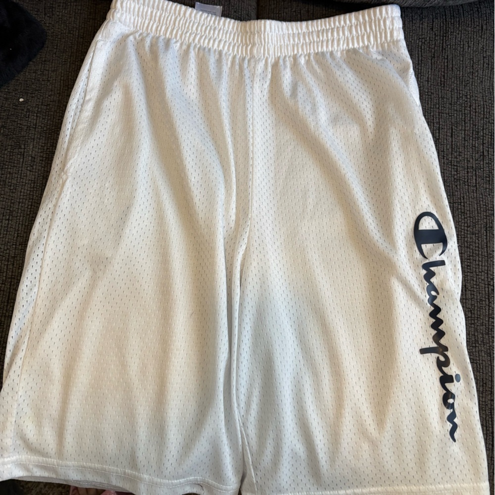 Champion White Mesh Shorts with Navy Script Logo